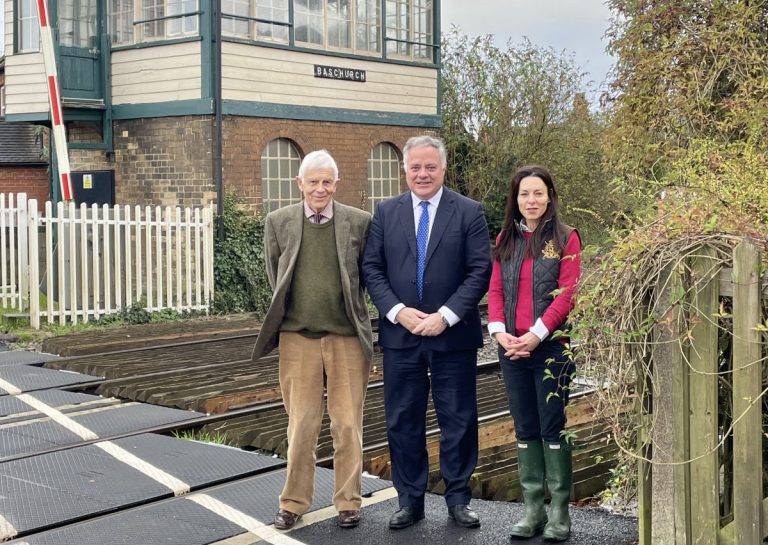 Cllr Nick Bardsley, Simon Baynes and local resident Tamarin Bibow at the railway by the old Baschurch station