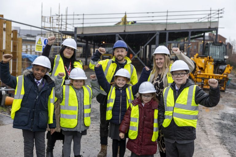 Councillor Eileen Callear with building contractor for the project, Pave Aways, Claire Freestone, Headteacher at Lawley Village Academy and school children. Photo: Telford & Wrekin Council