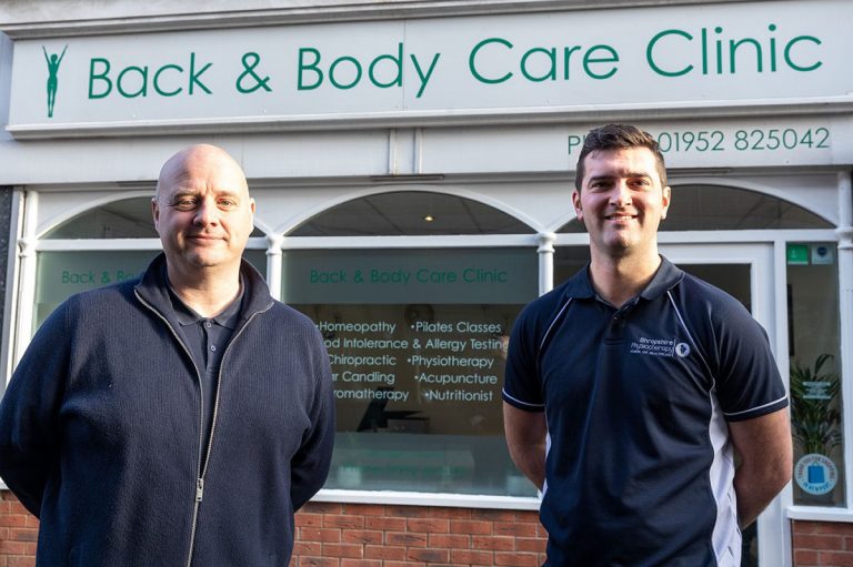 Councillor Lee Carter (Labour), Telford & Wrekin Council’s Cabinet Member for Place (the Economy & Neighbourhood Services), left, with Shropshire Physiotherapy owner Scott Gormley. Photo: Telford & Wrekin Council.