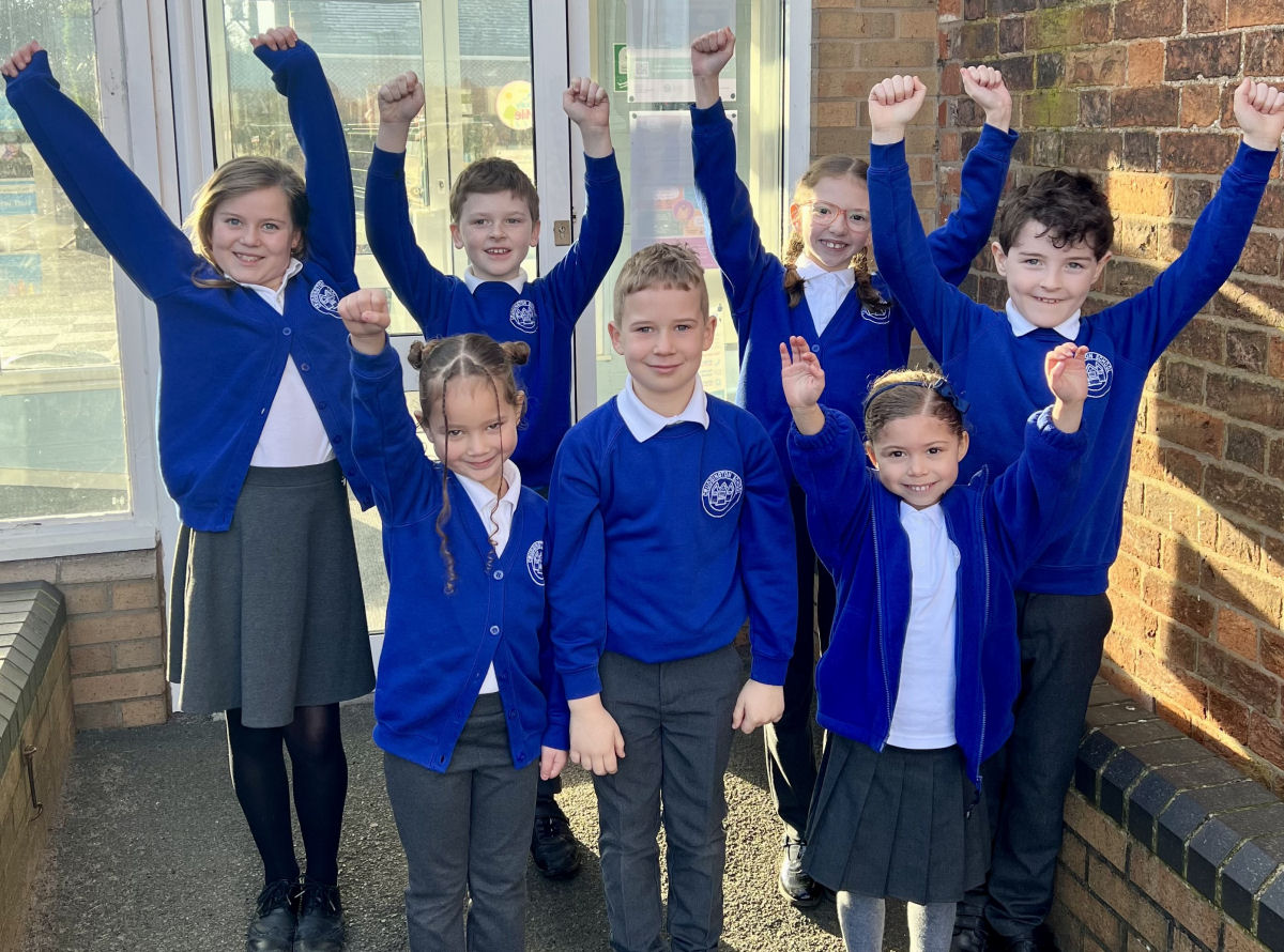 Crudgington Primary School pupils celebrating the Ofsted ‘Good’ rating.