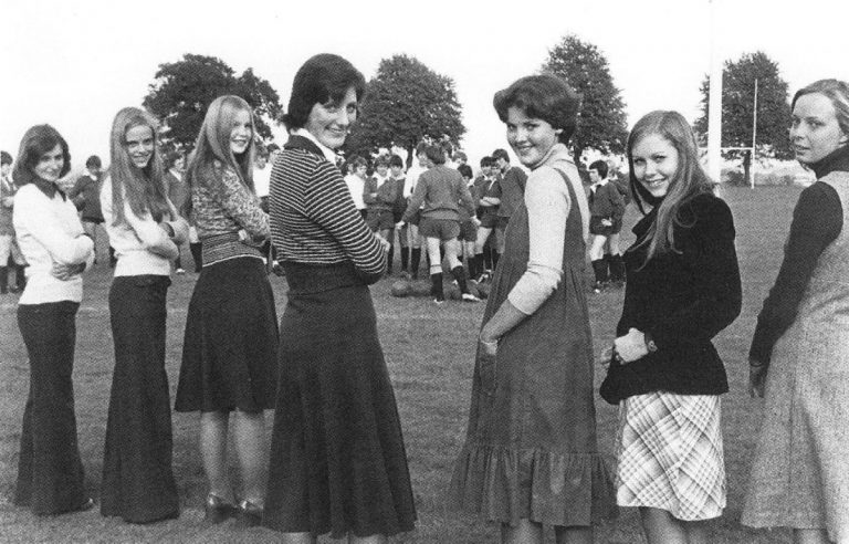 The Magnificent Seven - Wrekin College's first girls watch a rugby training session taken by Arthir Savage. Left to right: Julie Honychurch, Jo Wrighton, Katherine Howell, Clare Russon, Amanda Griffiths, Serena Howard and Elizabeth Sands.