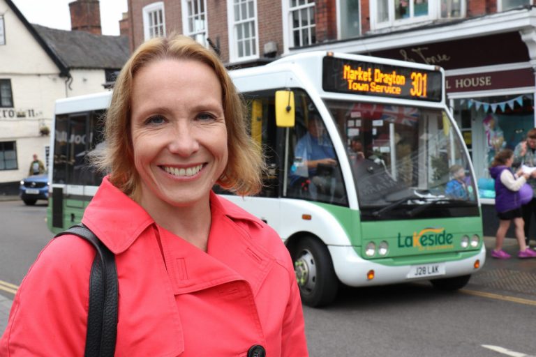 Helen Morgan MP pictured with the Market Drayton free Saturday bus service
