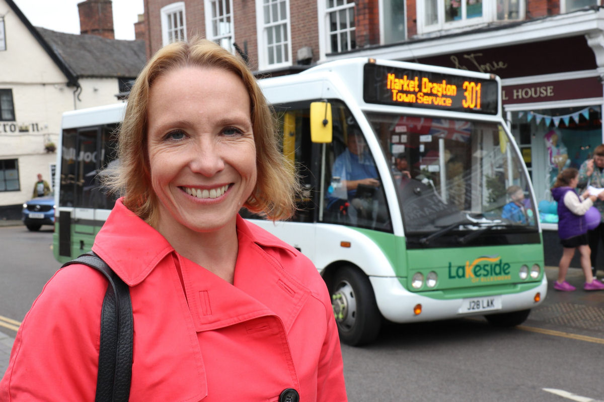 Helen Morgan MP pictured with the Market Drayton free Saturday bus service