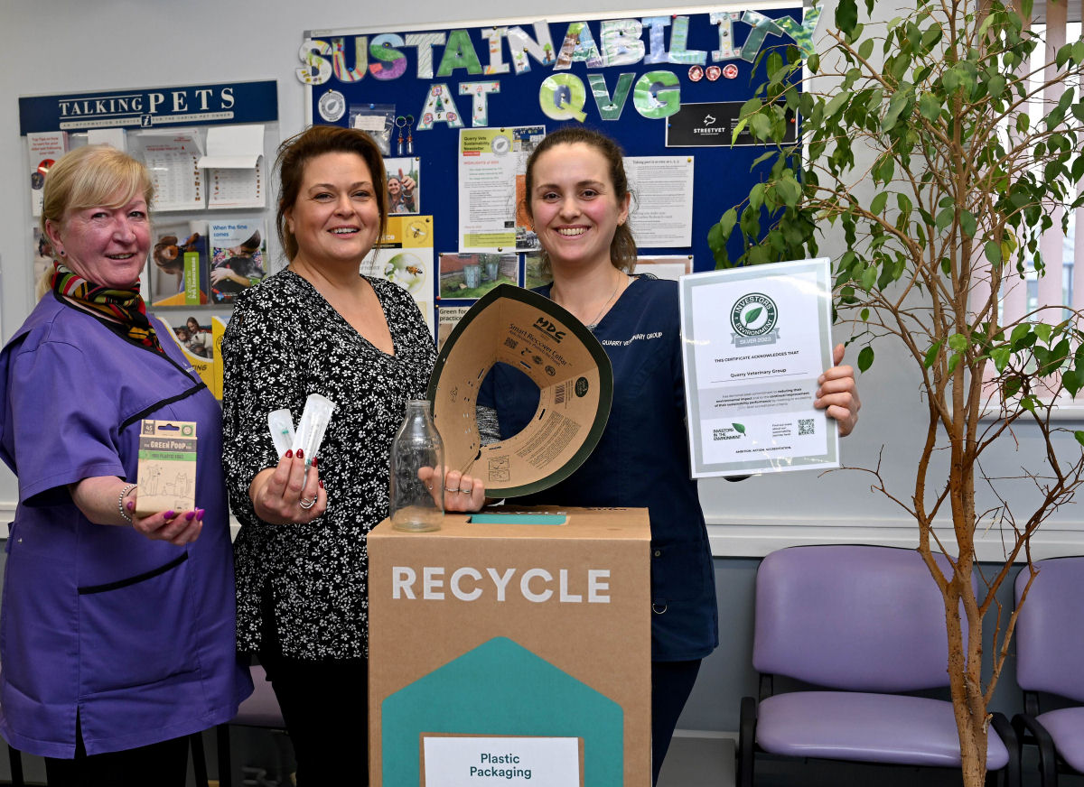 Members of Quarry Vets’ Green Team celebrate being awarded the Investors in the Environment Silver Award for their efforts to reduce the vet practice’s carbon footprint. Left to right – Sally Vow, Rene Jones and Charlie Hertel.