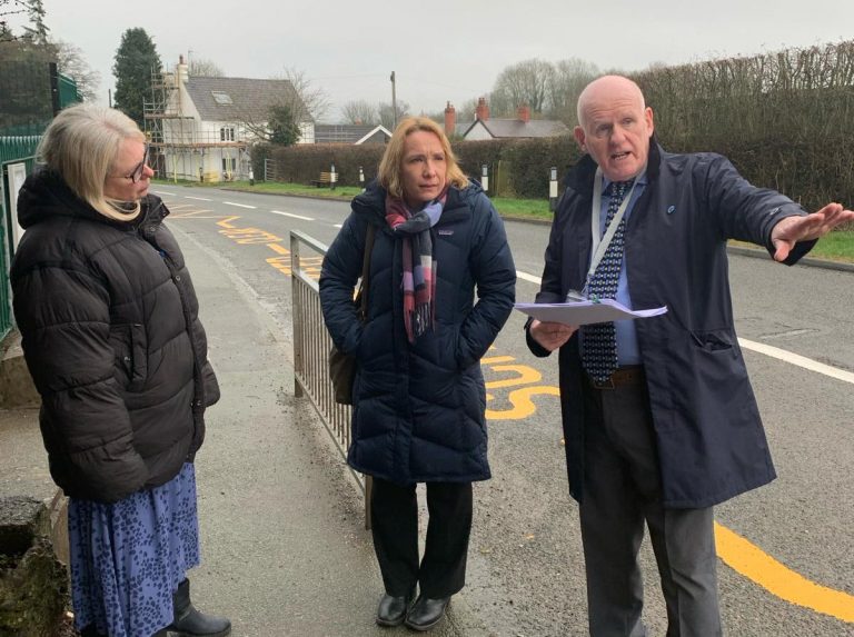 Helen with Tracy Derham and James Wallace outside Weston Rhyn Primary School.