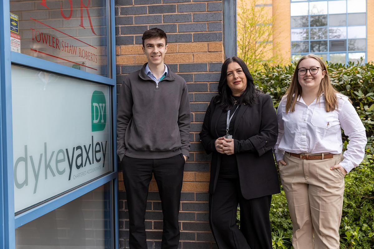 Councillor Eileen Callear (Lab), Telford & Wrekin Council’s Cabinet Member for Education, Employment and Visitor Economy, centre, with trainee accountants Molly Morgan and Freddie Whiles at Dyke Yaxley’s Telford base. Photo: Telford & Wrekin Council.
