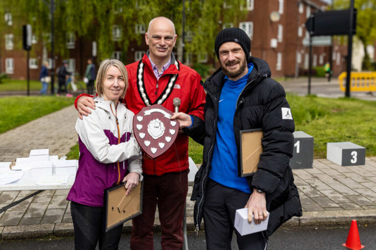 Shifnal 10k winners Claire Martin and Jim Hickinbottom with Mayor of Shifnal Roger Cox. Photo: Bright Gurupira.