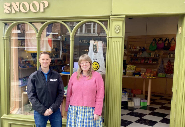 Chris Beane, branch manager of Howden Shrewsbury, pictured with Pollyanna Williams, of Snoop in Wyle Cop.