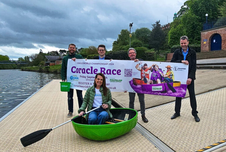 John Harrison of Macmillan with Adrian Ellam, CEO of Invertek Drives; Ron Gale of the Coracle World Championships fundraising committee; Glyn Jones, Technical Director at Invertek Drives; and Jayney Davies, Chair of the funraising committee