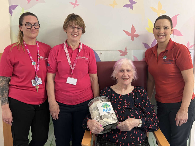 Melanie Bygrave, League of Friends Office Manager; Michelle Green, League of Friends volunteer and Michelle Williams, Activities Coordinator, with Dorothy Hunter, Sheldon Ward patient.