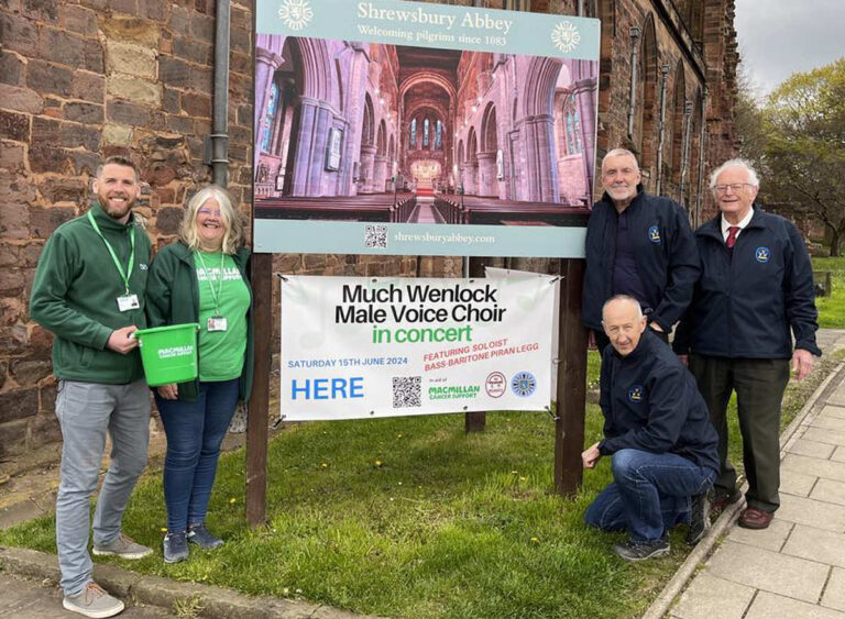 John Harrison, Macmillan Cancer Support Relationship Fundraising Manager, Carole Green, Macmillan Shrewsbury Fundraising Group Treasurer, Robin Padgett, Much Wenlock Male Voice Choir Secretary, Richard Langford, Much Wenlock Male Voice Choir Vice-Chair and David Chantrey, Much Wenlock Male Voice Choir Chair.