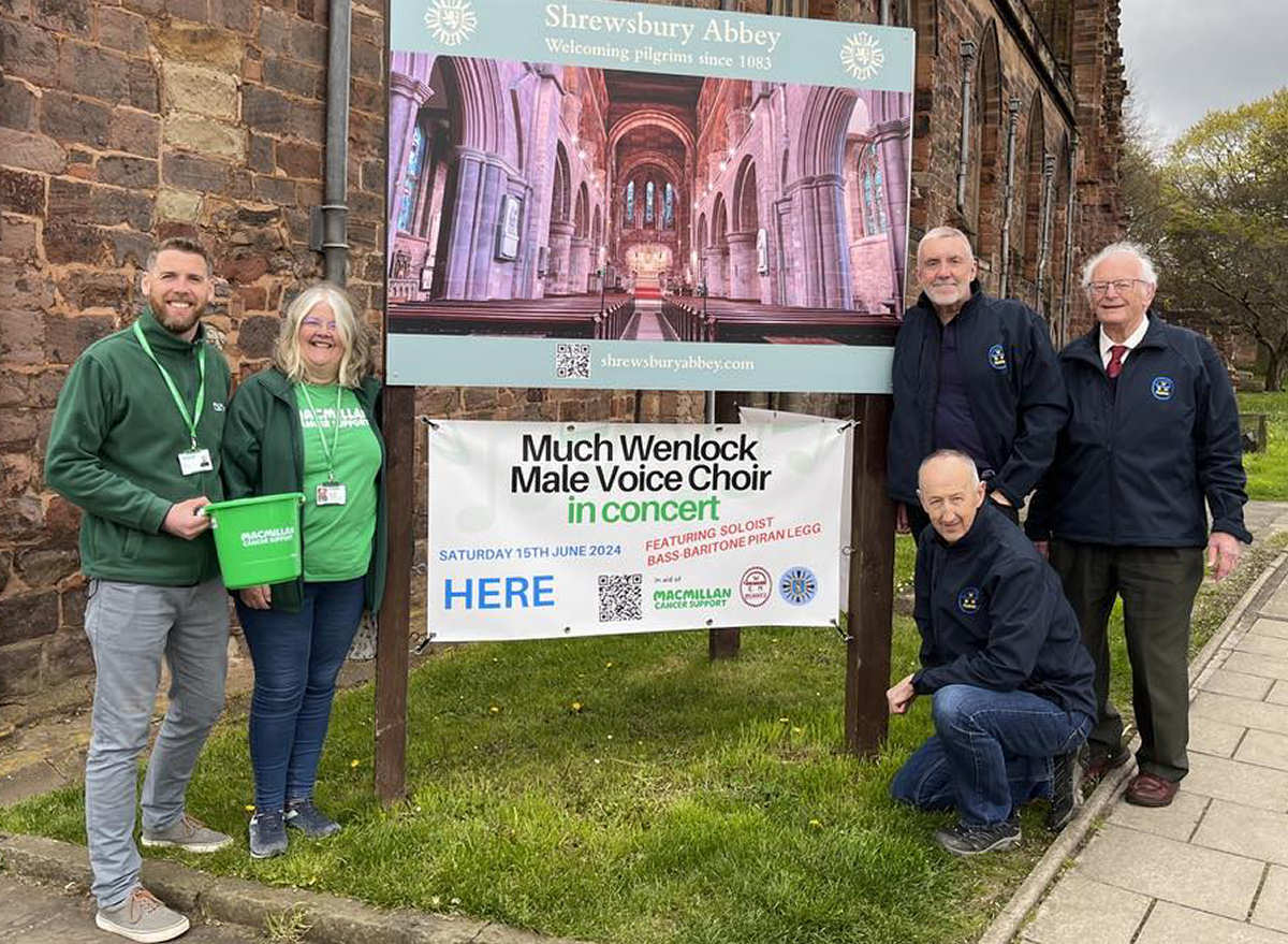 John Harrison, Macmillan Cancer Support Relationship Fundraising Manager, Carole Green, Macmillan Shrewsbury Fundraising Group Treasurer, Robin Padgett, Much Wenlock Male Voice Choir Secretary, Richard Langford, Much Wenlock Male Voice Choir Vice-Chair and David Chantrey, Much Wenlock Male Voice Choir Chair.
