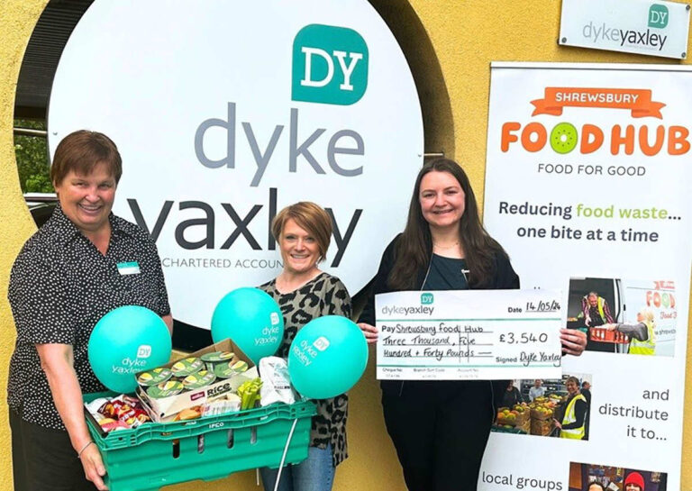 Sandra Evans from Dyke Yaxley (left) with Tammy Bloodworth (Shrewsbury Food Hub Manager) and Cherry Teearu (Shrewsbury Food Hub Fundraising Assistant)