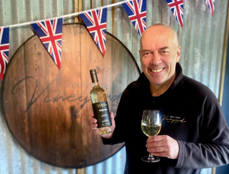 Russell Cooke, vineyard owner, with ‘Ridgeway’, a white wine that encapsulates the essence of the region.