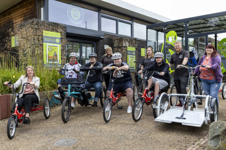 Councillor Carolyn Healy is photographed with council employees from Telford Bike Hub and residents as they test ride new bikes. Photo: Telford & Wrekin Council