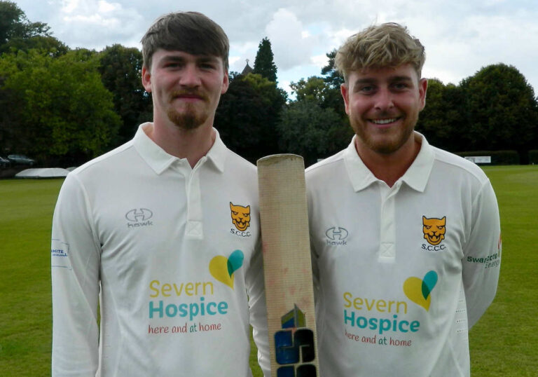 Shropshire cricketers Lewis Evans, left, and Ben Lees wearing the club’s new shirts featuring the Severn Hospice logo
