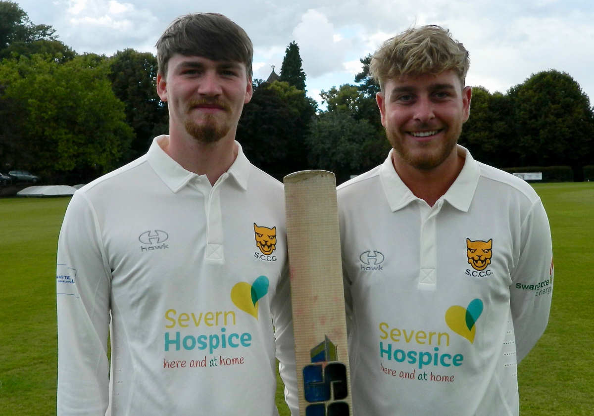 Shropshire cricketers Lewis Evans, left, and Ben Lees wearing the club’s new shirts featuring the Severn Hospice logo