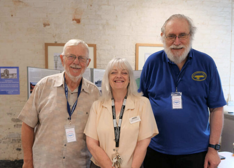 Bernie Jones, Chairman of the S&N Canal Trust, Kate Cadman, Collections Curator at IGMT, and Phil Tarrant, Events Director at the S&N Canal Trust, at the Museum of the Gorge