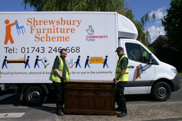 Dan Griffiths and Barry Steen deliver an oak sideboard with Shrewsbury Furniture Scheme’s new Mercedes Sprinter van