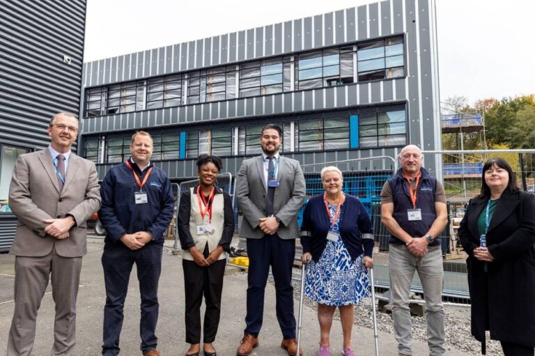 Paul Jones, Chief Operating Officer at the Learning Community Trust, Jamie Evans, Construction Director at Pave Aways, Shekera Lodge, School Organisation Manager at Telford & Wrekin Council, Nick Murphy, Headteacher at Ercall Wood Academy, Councillor Shirley Reynolds, Telford & Wrekin Council’s Cabinet Member for Children, Young People, Education, Employment & Skills, Nick Stevens, Site Manager at Pave Aways, and Jane Hughes, Chief Executive at Learning Community Trust