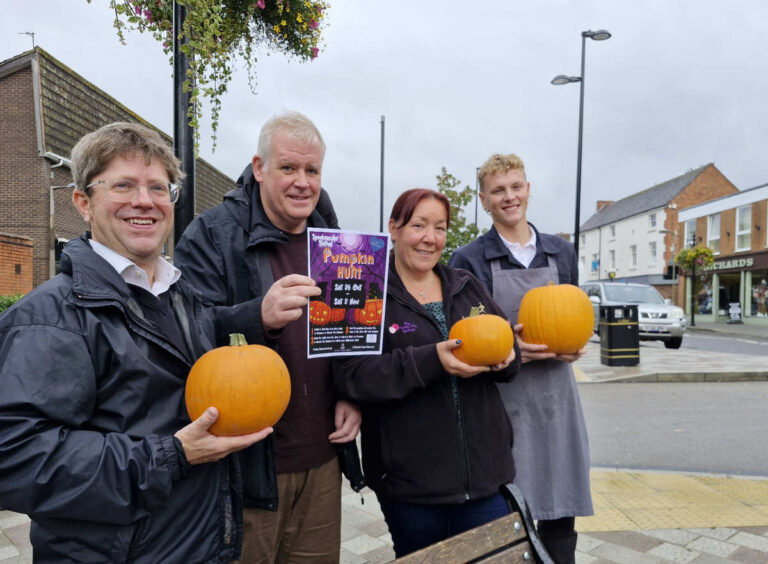 Getting ready for the Shifnal Pumpkin Hunt are Adam Cawley Woods The Cleaners, David De La Motte - Number 5, Laura Stevenson The Flower Pot, Harvey Hazelhurst - Jacksons Butchers