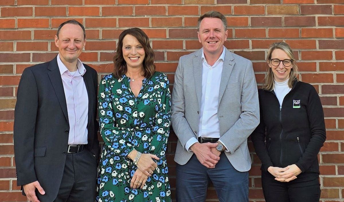 Halls’ managing director Jon Quinn (second from right) with new directors Jon Murgatroyd and Anne-Marie Brettell (right) and new company secretary Andrea Llewellyn-Bell