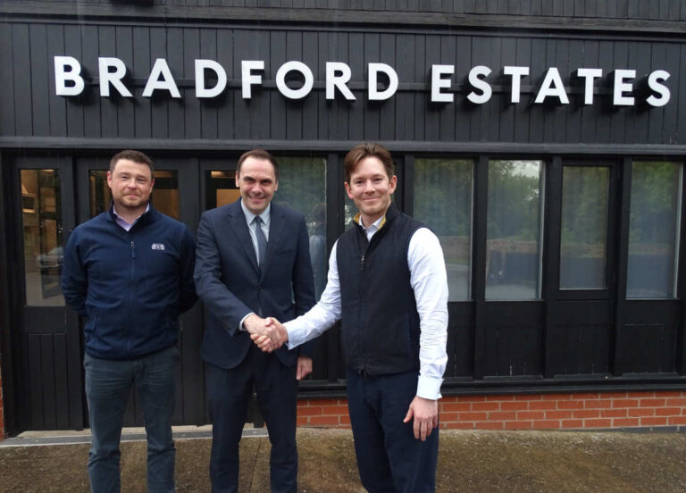 Staffordshire County Council Cllr Simon Tagg, centre, with, left, Graham Young and Alexander Newport, MD of Bradford Estates