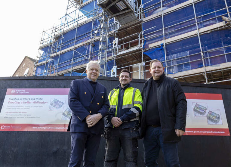 Graham Wynn, Chair of Telford Towns Fund Board, Tom Ford, Pave Aways Site Manager and Councillor Paul Davis, Ward Councillor for Haygate & Park outside the former YMCA building at 1, Walker Street, Wellington