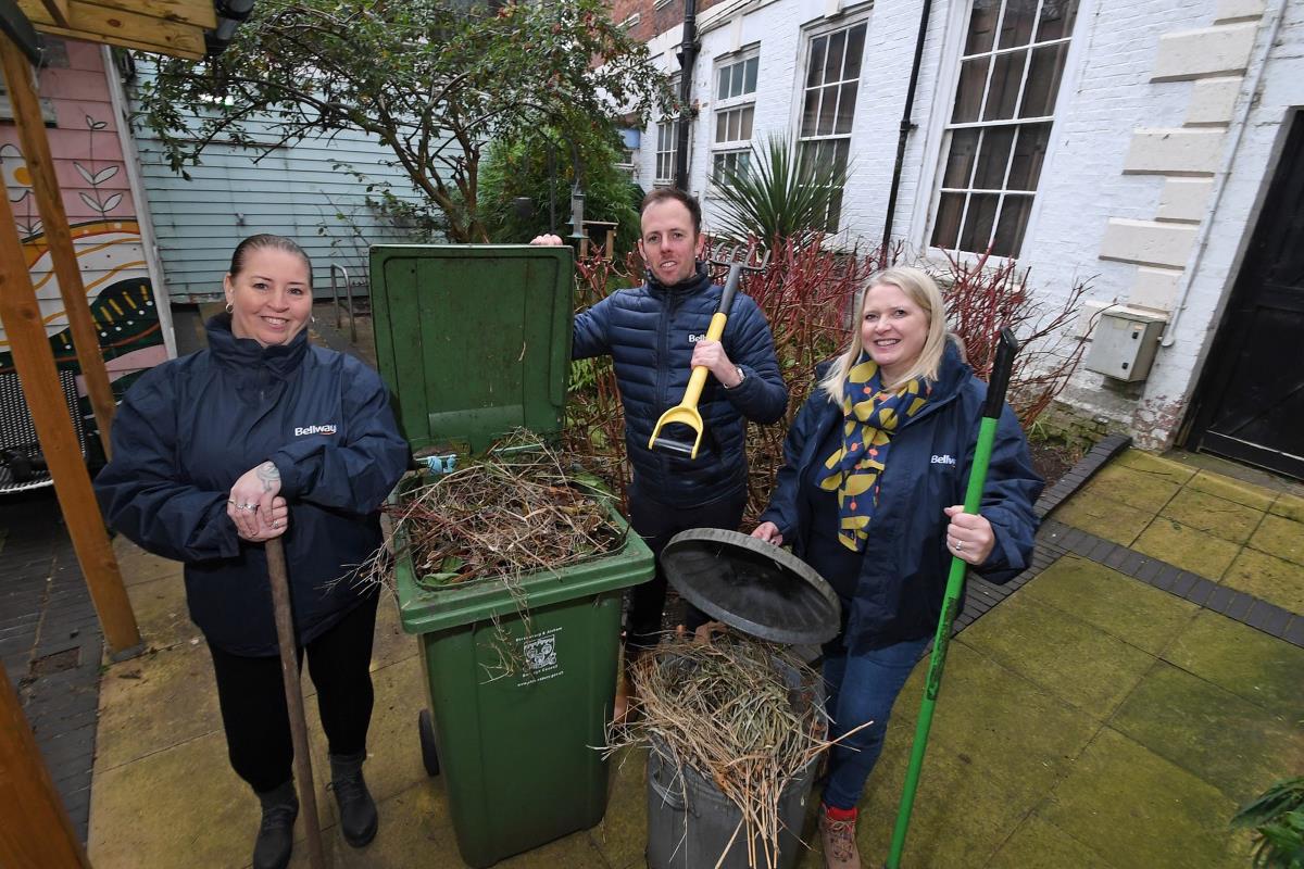 Bellway Sales Advisor Susan Terry-Smith, Sales Manager Rachel Marner, and Assistant Site Manager Anthony Walker volunteered their time at The Hive in Shrewsbury to help spruce up the courtyard garden