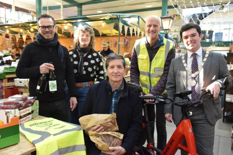 Robin Nugent, of Iron & Rose; Pip Tudor, of Minimise; Mark Fermor and Jason King, of Shrophire Cycle Hub, and Deputy Mayor of Shrewsbury Councillor Alex Wagner