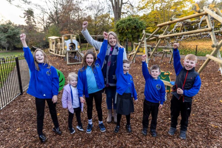 Councillor Carolyn Healy (Lab), Telford & Wrekin Council’s Cabinet Member for Neighbourhoods, Planning & Sustainability, is joined by children from Coalbrookdale Primary School for the official opening of Dale End Park playground. Photo: Telford & Wrekin Council