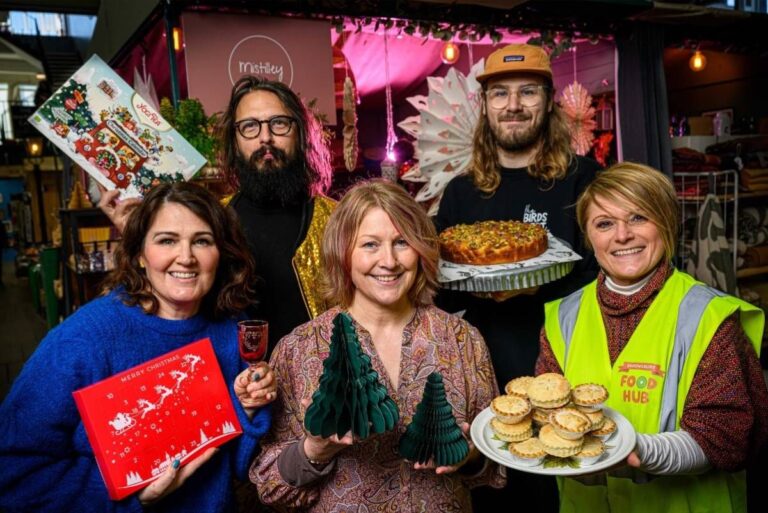 Market traders Rebecca McQuilkin, of Chocolicious; Ben Richards, of Minimise; Tracy Lewis, of Mistilley, and Elliot Jones, of The Bird’s Nest café, with Shrewsbury Food Hub manager Tammy Bloodworth