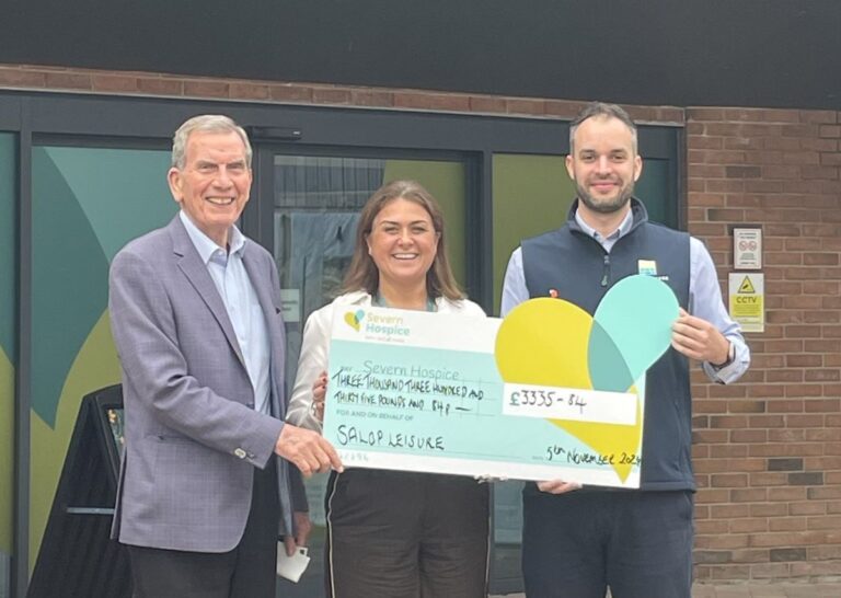 Salop Leisure chairman Tony Bywater (left) and marketing manager Ed Glover present the cheque to Jenny Bean, Severn Hospice corporate fundraiser and events organiser.