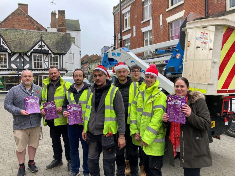 Putting up the Chritsmas lights in Wellington Damian Breeze with Lightwire Electrical and Caroline Mulvihill of Wellington Town Council