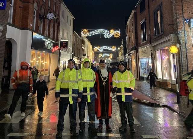 Mayor of Oswestry Cllr Mike Isherwood with council staff Paul, Paul and Charlie helping at Friday’s Christmas Live event. Photo: Oswestry Town Council
