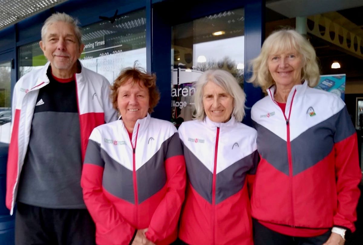 Shropshire tennis player Rob Rue with his Wales international colleagues Kim Vaughan, Val Alder and Ann Brown at the Bolton Arena