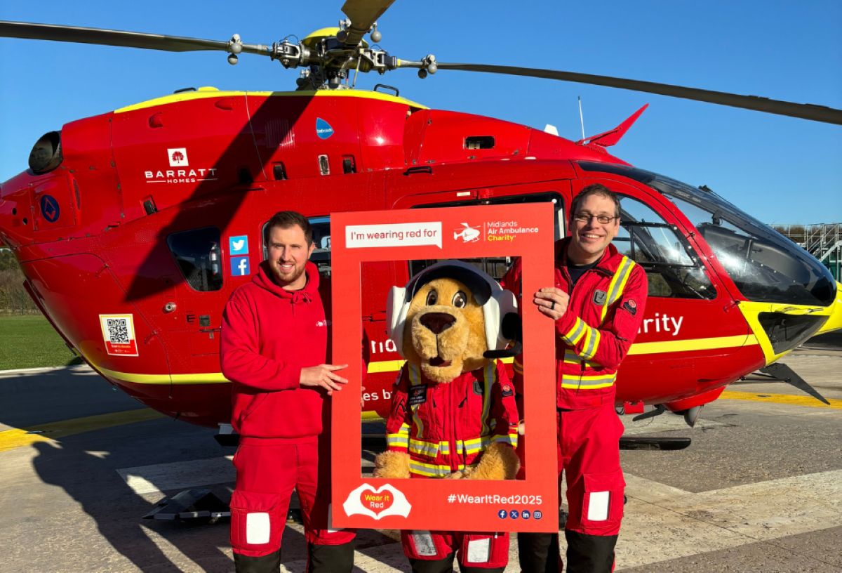 Ryan Ferris, critical care paramedic, Maac the Pup, Dr Ben Taylor, HEMS Doctor, all from Midlands Air Ambulance Charity