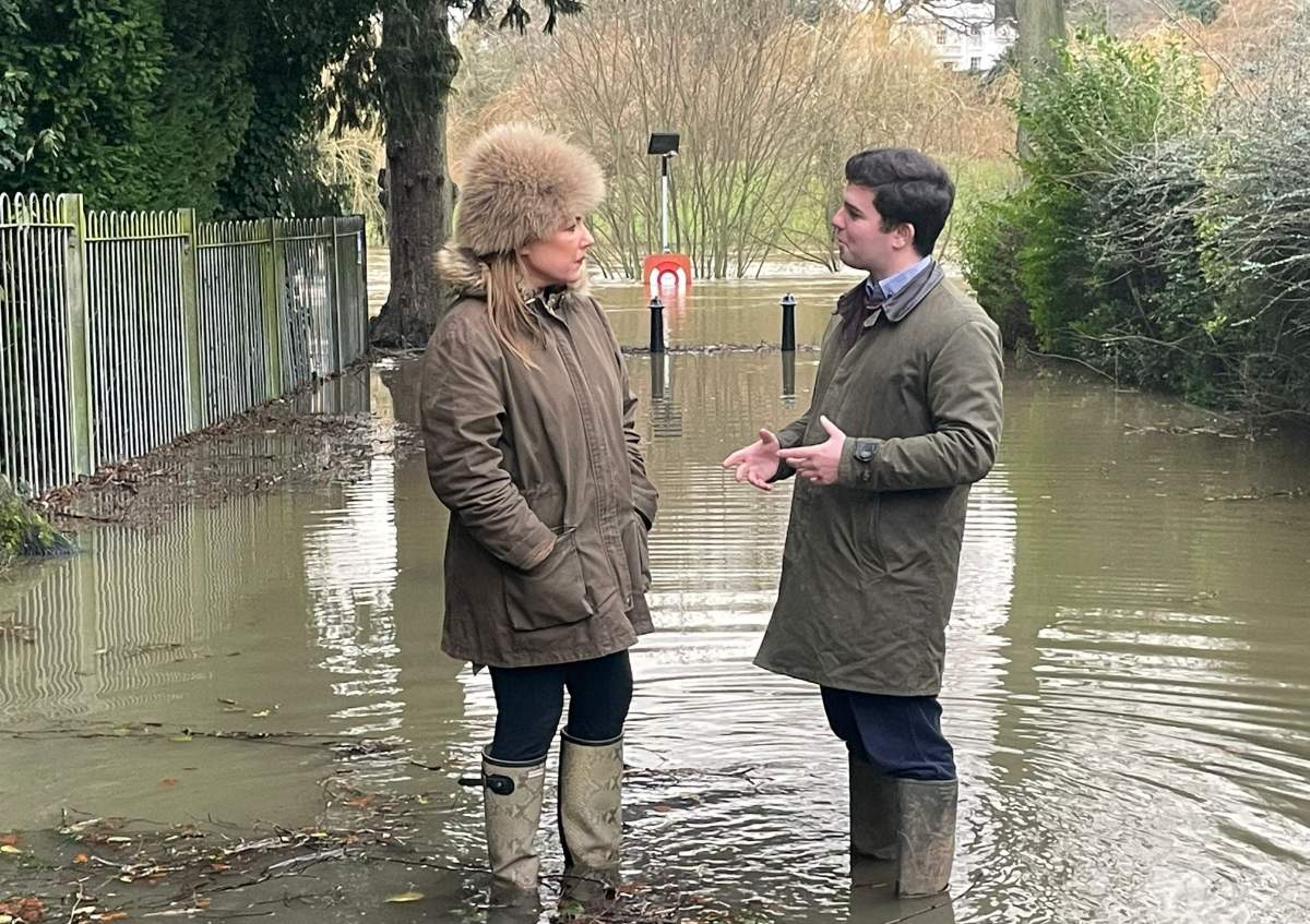 Cllr Alex Wagner with Siobhan Connor, Chair of Shrewsbury Flooding Action Group, on Crescent Lane by the Quarry
