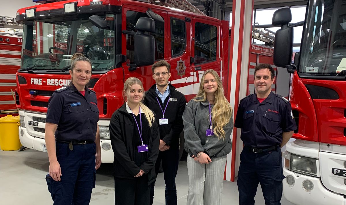 Anna Morris-Jones and Matt Angell (left and right) with Shropshire Chamber trio Chloe Symms, Alex Brown, and Ella Preece at the new-look Telford town centre fire station