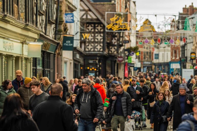 A busy Shrewsbury High Street at Christmas