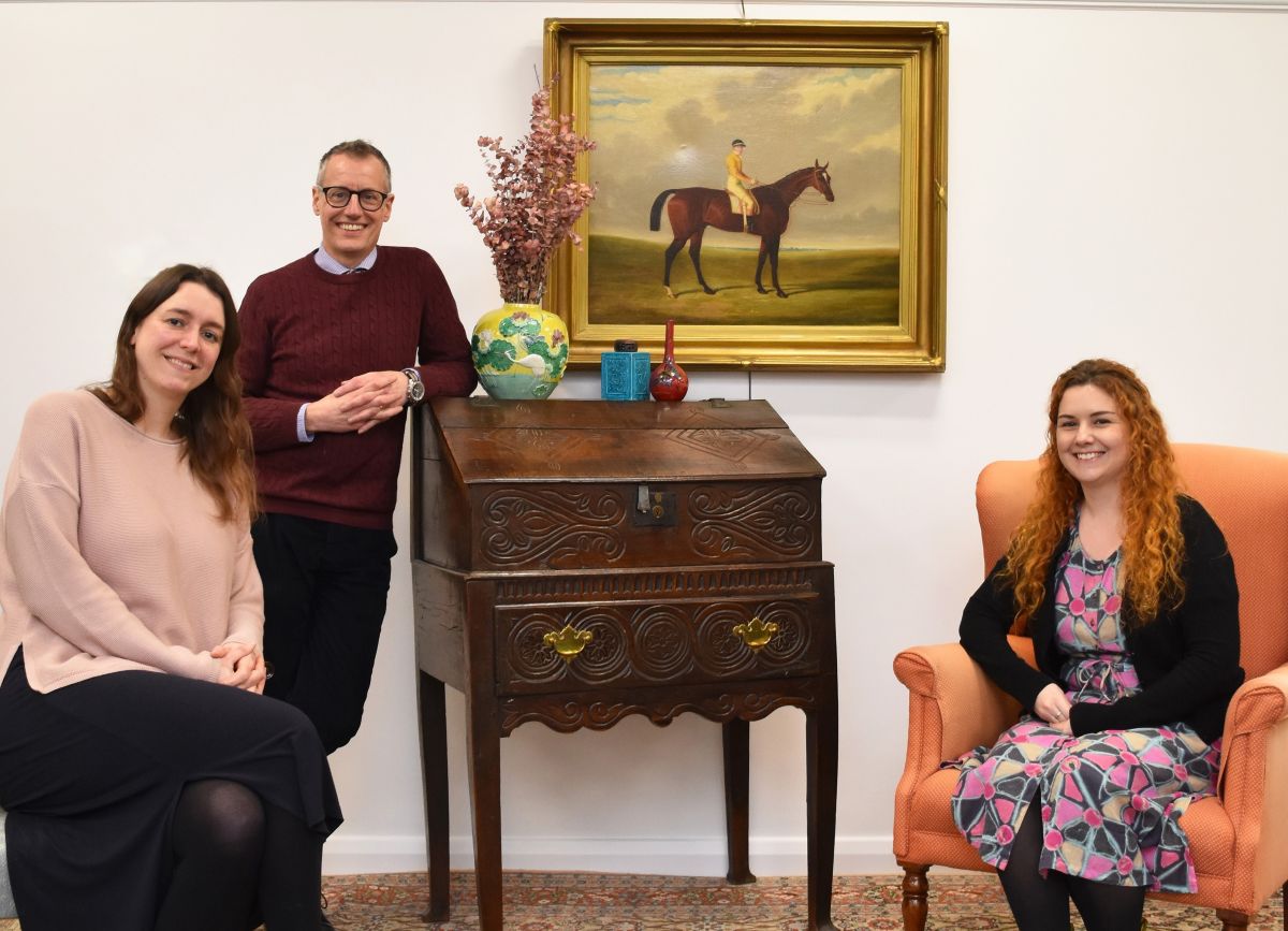 Alexander Clement, Halls Fine Art’s Asian art and watches specialist and senior general valuer with silver, jewellery and bijouterie specialist Maryanne Lineker-Mobberley (left) and Abigail Molenaar, paintings specialist