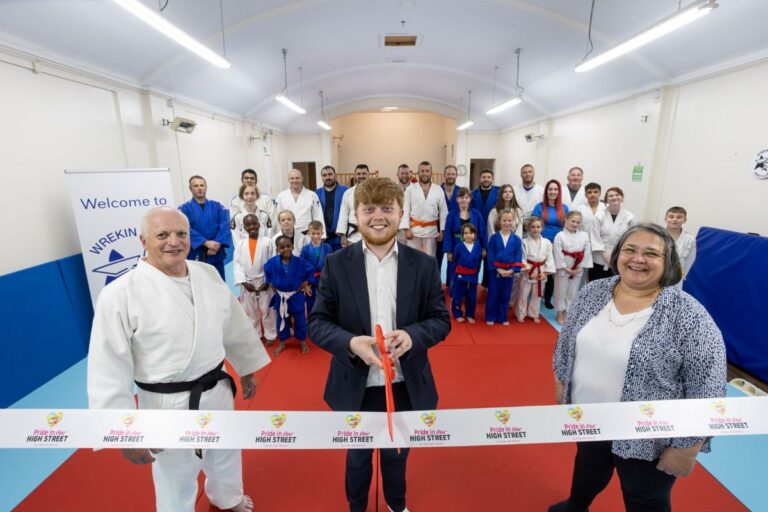 Councillor Ollie Vickers, centre, with Anna Halliday and Gareth Mapp from Wrekin Star Judo at the opening. Photo: Telford & Wrekin Council