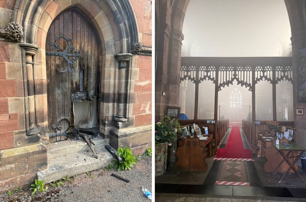 The damaged door of the church and smoke logging inside. Photo: Shropshire Fire and Rescue Service