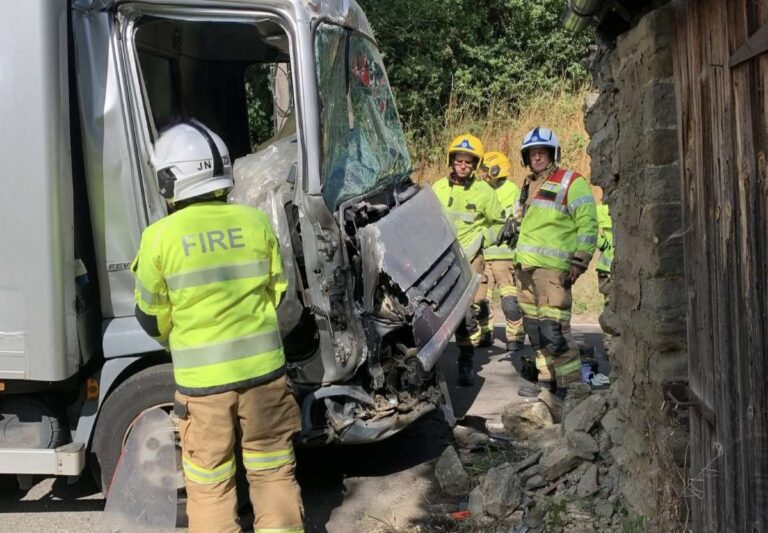 Fire crews working at the scene to move the HGV which has collided with a building. Photo: Shropshire Fire and Rescue Service