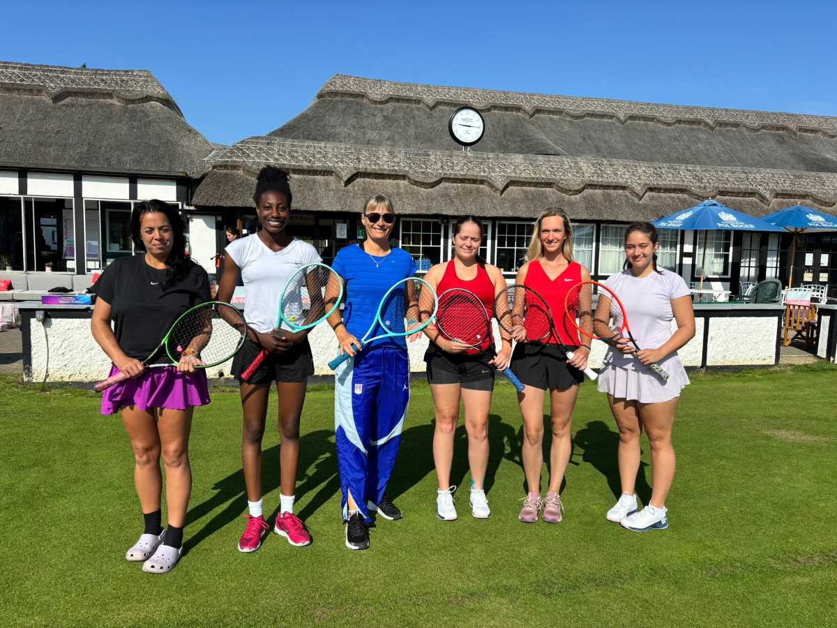 Shropshire’s women’s team face the camera during their week playing at Frinton Lawn Tennis Club