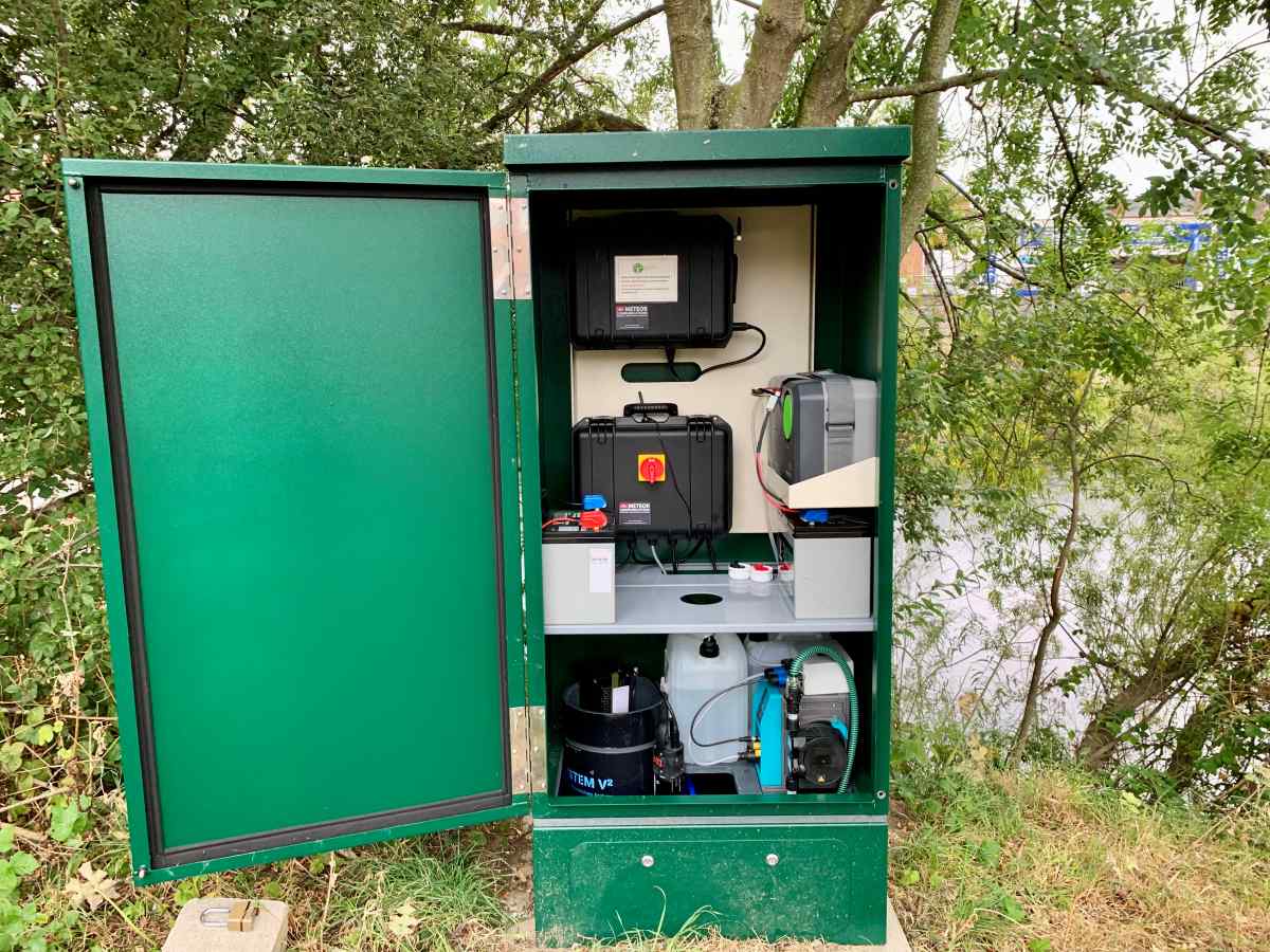 The equipment kiosk that takes the automatic water quality readings from the River Severn