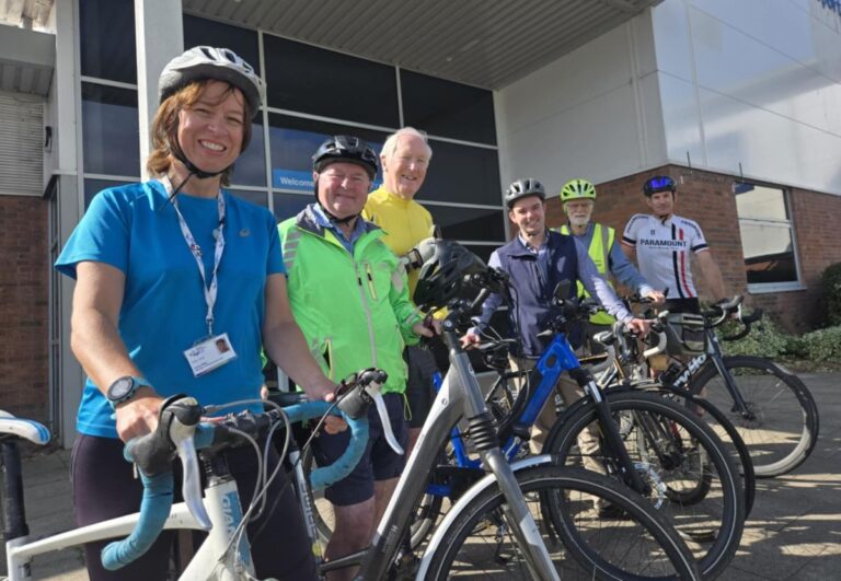 Emma Wilde from Age UK Shropshire Telford & Wrekin at the launch for the cycling event with Mayor, Alex Wagner, Deputy Mayor, Bernie Bentick and representatives from Shropshire Cycle Hub, Cycling UK and Sustrans