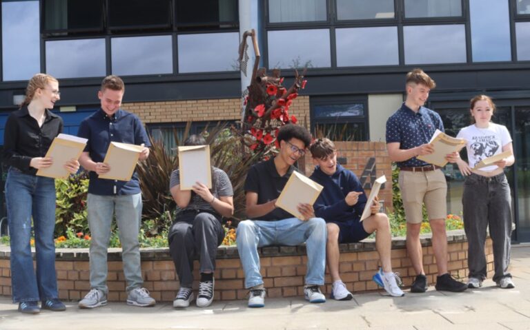 Collecting their results at Charlton School in Wellington are, from left, Maddie Herbert, Jake Francis, Kassie Salera, Graham Drysdale, Connor Starling, Dylan Martin, and Bayley Hodgetts