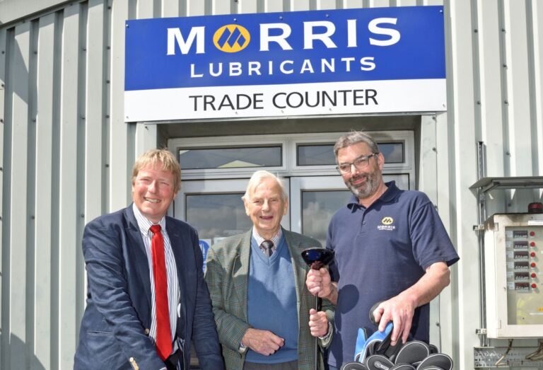 Chris Williams (right) with David Goddard, who hired him 46 years ago and Andrew Goddard, Morris Lubricants’ executive chairman