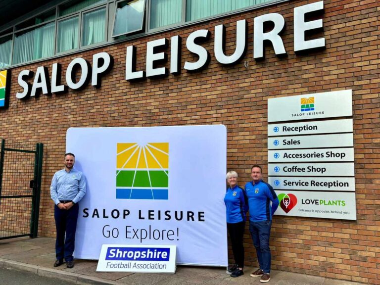 Ed Glover of Salop Leisure pictured with Zoe Griffiths and Andy Weston from Shropshire FA